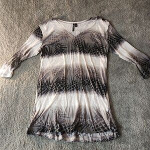 Portocruz Womens Large Tunic Top Black White Pineapple Design 3/4 Sleeve